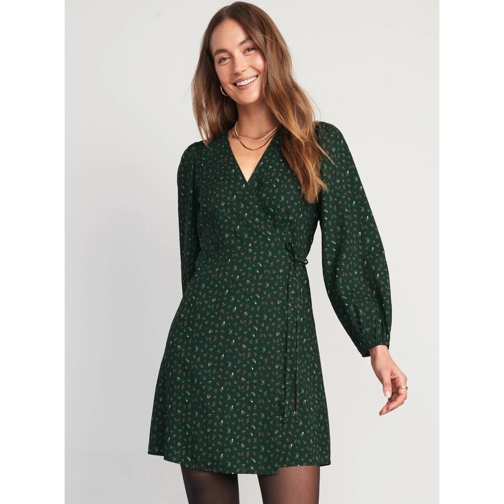 Old Navy Puff Long Sleeve Wrap mini Dress V Neck Green Floral Womens Small